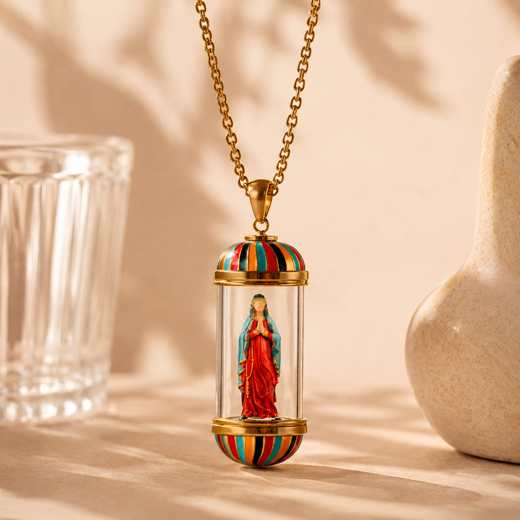 18K Gold Plated Saint Miniature Necklace, The blessed Virgin Mary, Virgin Mary Miraculous Medal, mary magdalene necklace,Shimmering rainbow finish, Hand‑Painted Sacred Art Faith Jewelry for Men and Women