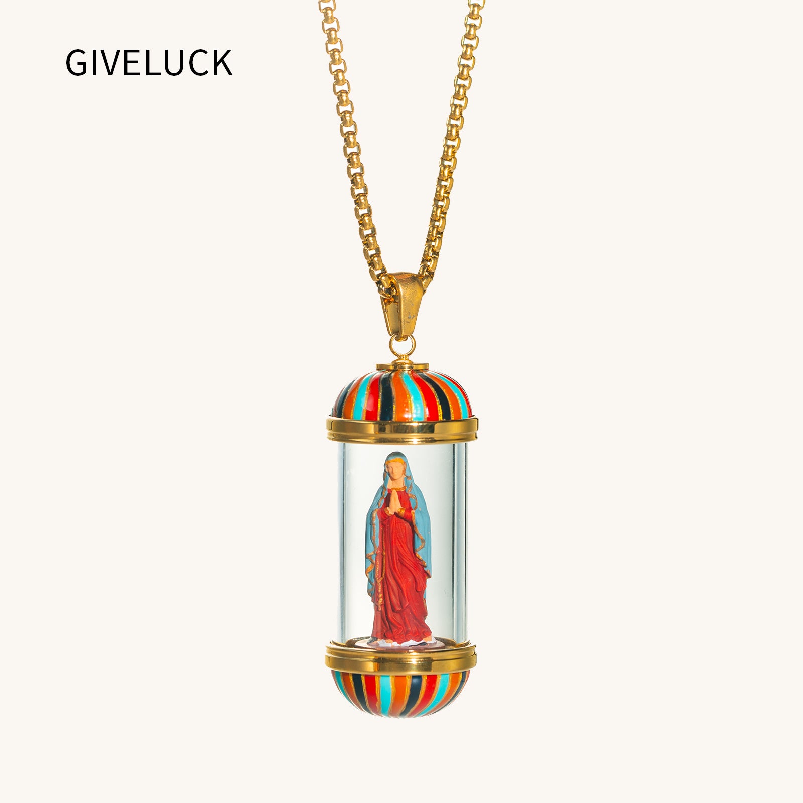 18K Gold Plated Saint Miniature Necklace, The blessed Virgin Mary, Virgin Mary Miraculous Medal, mary magdalene necklace,Shimmering rainbow finish, Hand‑Painted Sacred Art Faith Jewelry for Men and Women