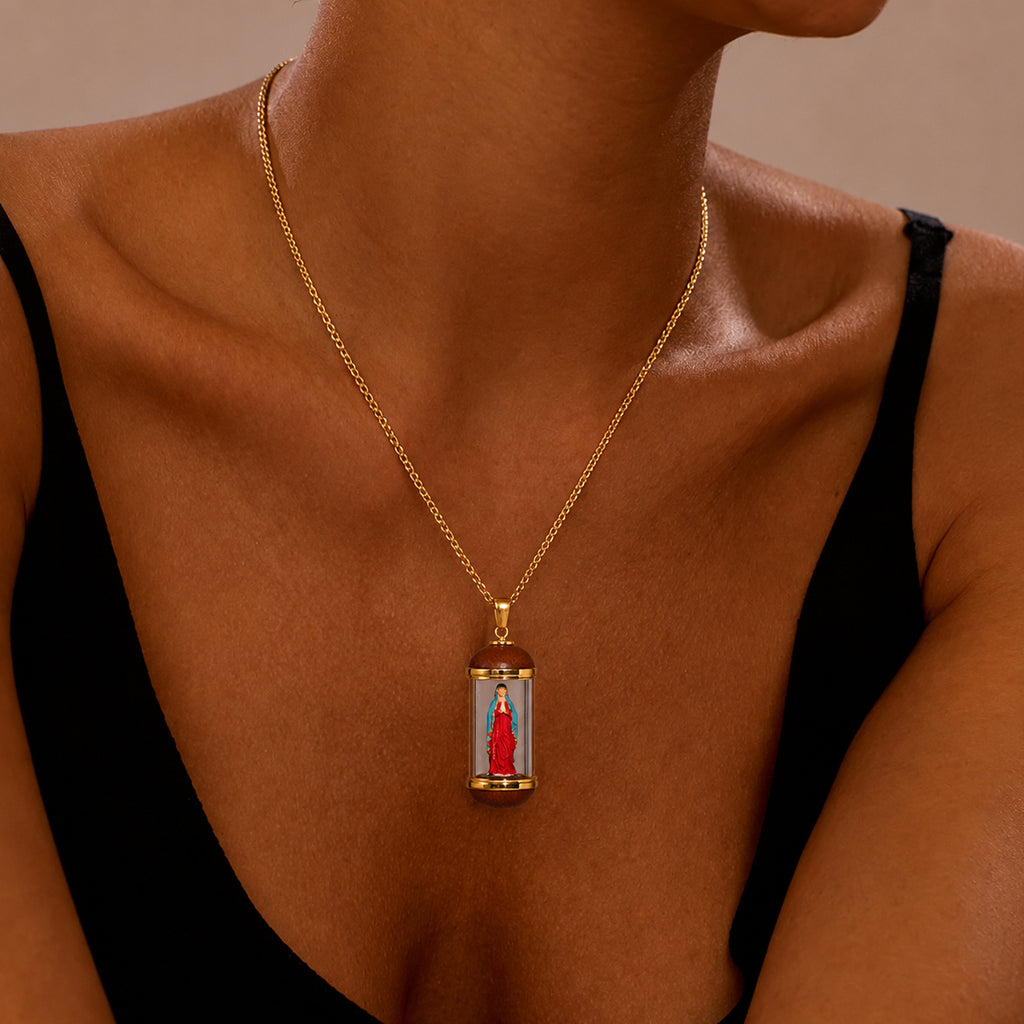 18K Gold Plated Saint Miniature Necklace, The blessed Virgin Mary, Virgin Mary Miraculous Medal, mary magdalene necklace,Shimmering rainbow finish, Hand‑Painted Sacred Art Faith Jewelry for Men and Women